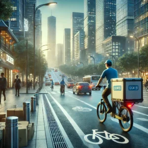 electric bike delivering on city street illustration